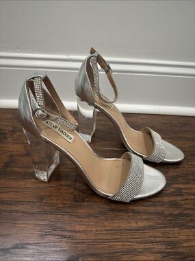 Steve Madden Silver Crystal-Ankle Clear Block Heels
